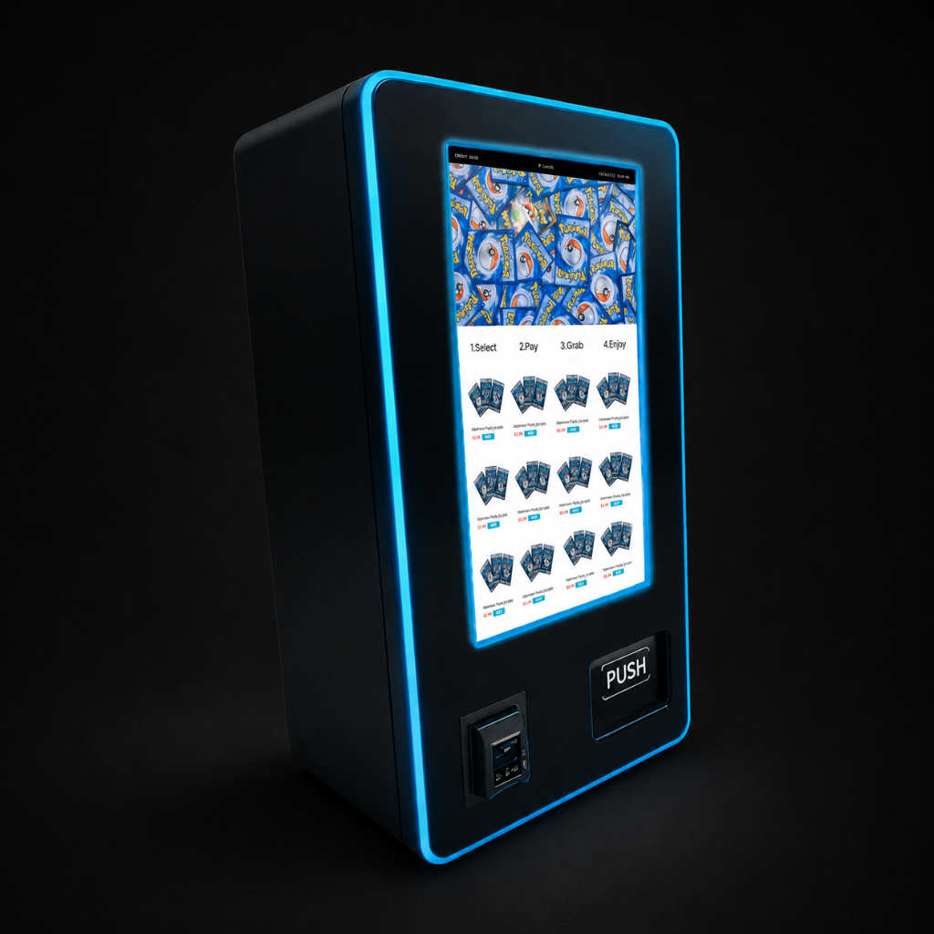 Alpha Empire’s collector vending machine with a cyan-lit touchscreen