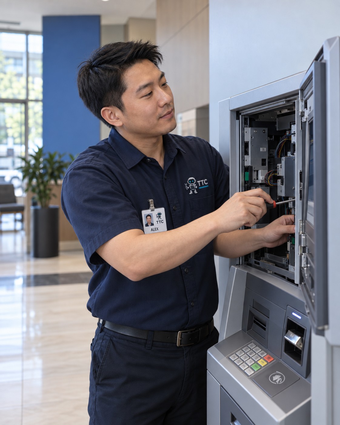 A technician in a TTC shirt and name badge servicing an ATM