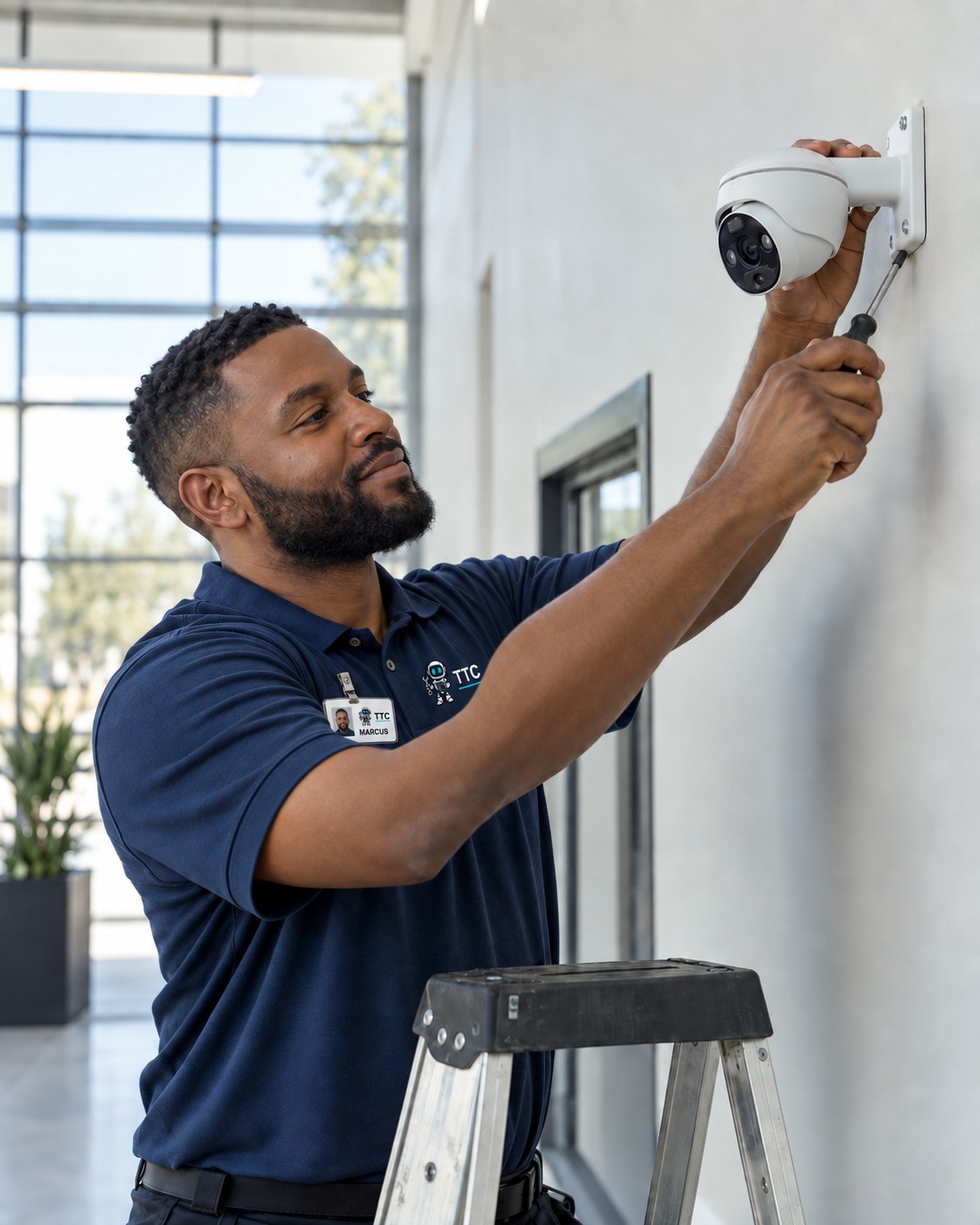 A technician in a TTC shirt and name badge installing a security camera