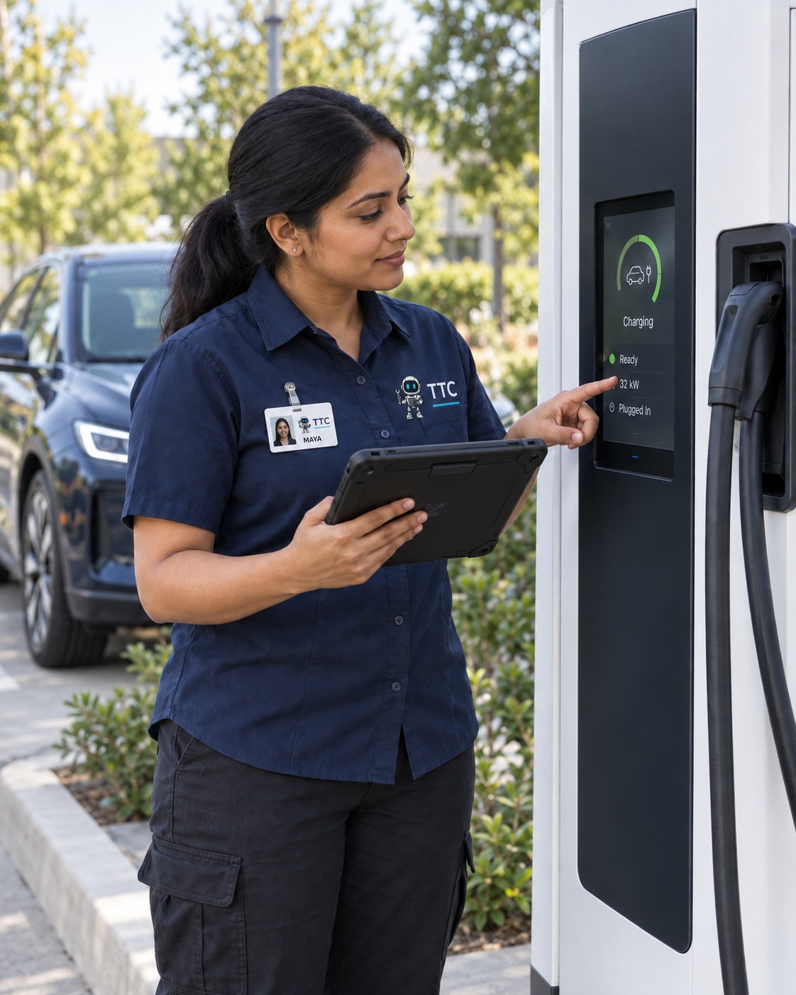 A technician in a TTC shirt and name badge inspecting an EV charger
