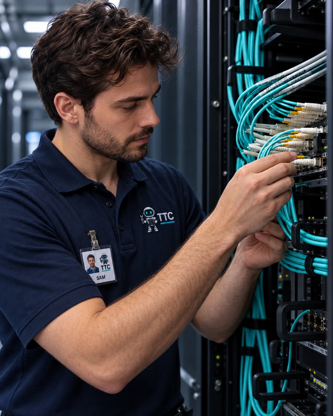 A TTC technician servicing a rack with cyan network cabling