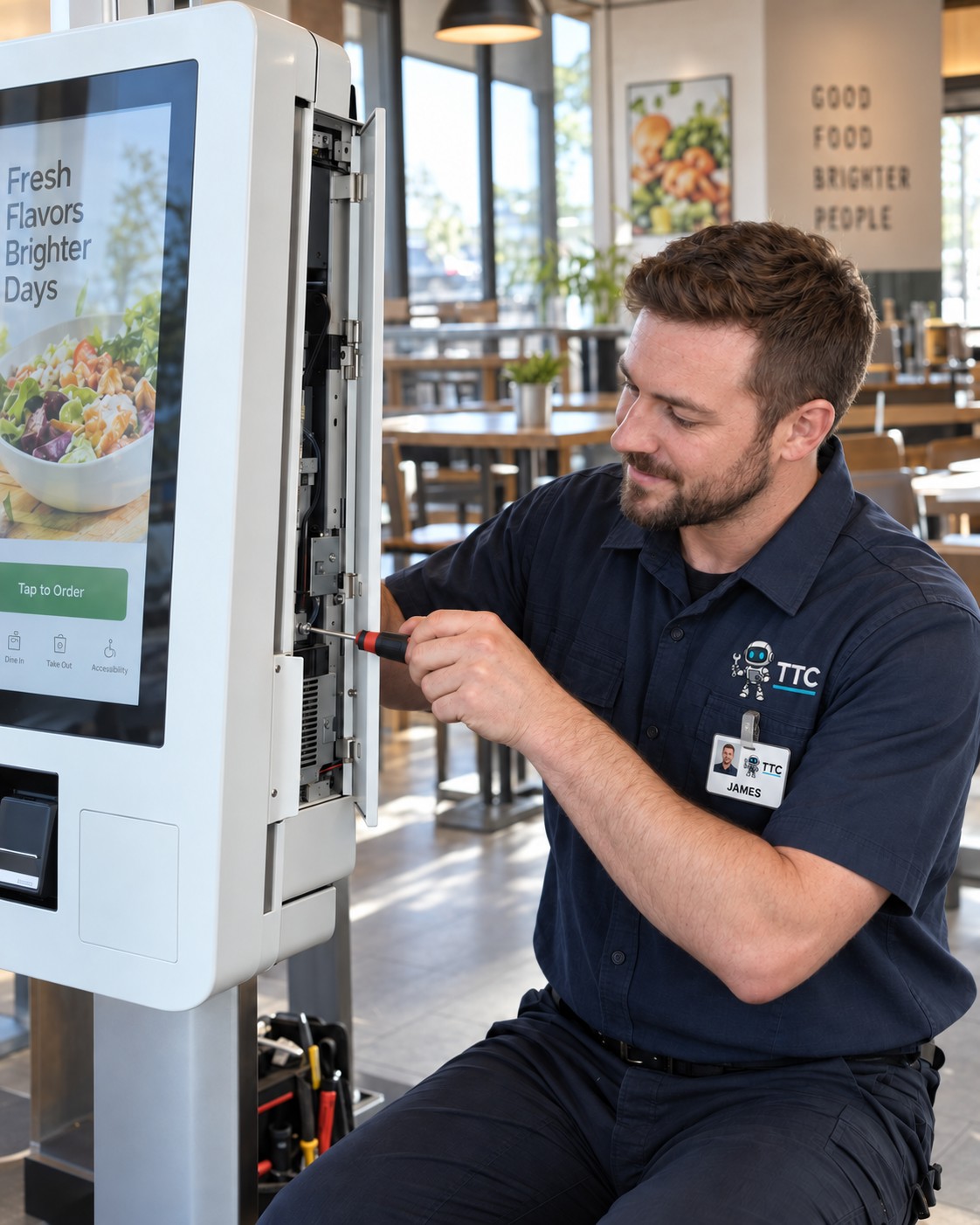 A technician in a TTC shirt and name badge servicing a self-service kiosk